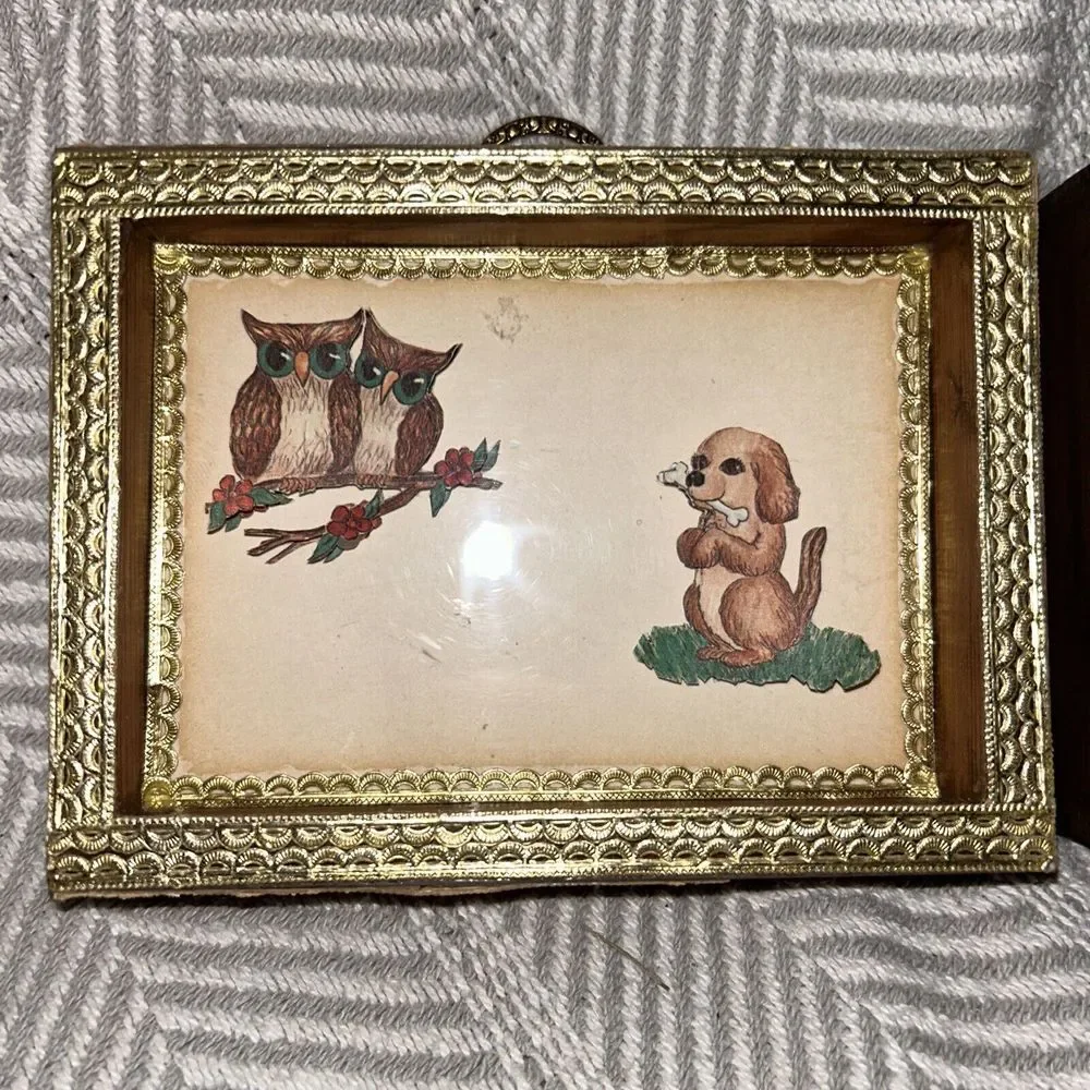 MCM Shadowbox Set With Owls, Mushrooms, Puppies Small Wooden Frames W/ Popups A3